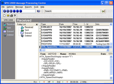 SPEC2000 screen shot showing XML and standard message types