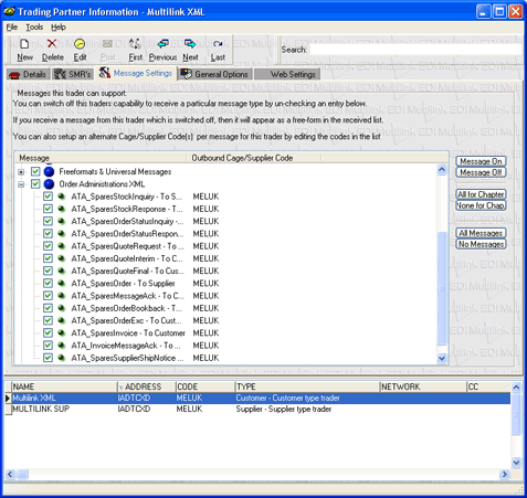 Trader screen showing XML message options.